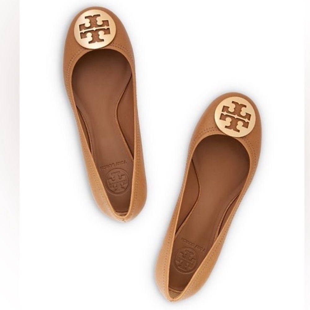 Tory Burch Tan Leather Flats with Logo Medallion